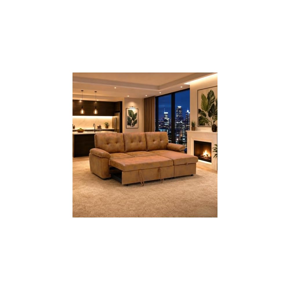88.5 Inch L-Shaped Sectional Sofa Bed with Storage Chaise and Padded Armrests, Convertible Pull-Out Sleeper Sofa Couch for Living Room, Brown