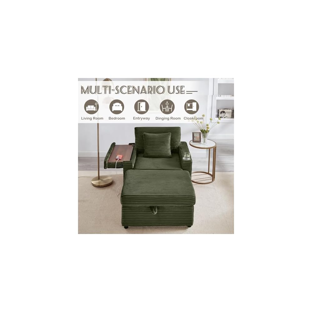 Chaise Lounge Chair Indoor with Ottoman, Corduroy Sofa Bed with USB Ports, Pillow, Cup Holder &Table Board, Boneless Chaise Lounge for Storage Space Living Room Bedroom Apartment (Green)