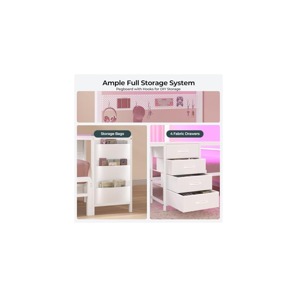 Bunk Bed Twin Over Full with Drawers, 2 Person Desk, White