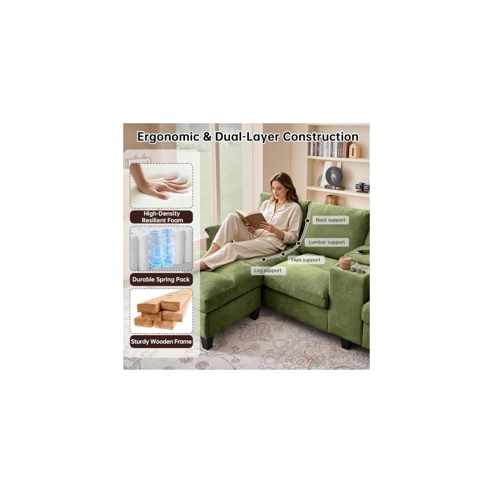 116" U Shaped Couch with with Double Chaise Lounges & Storage Console, Sectional Sofa Set with Storage Ottoman | USB Charging Ports, 4-Seat Couch with Cup Holder, Modern Couches for Living Room, Green