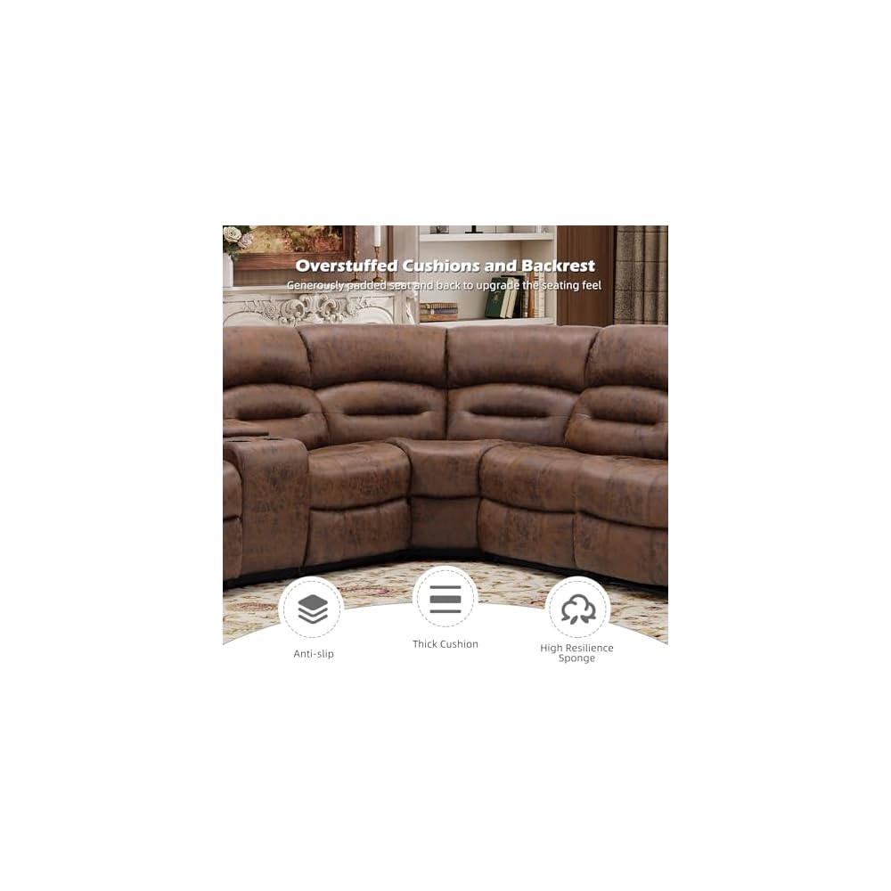Power Reclining Sectional Sofa, 5 Seater L-Shaped Home Theater Seating with Storage Console and USB&Type-C Ports, Family-Sized Corner Sectional Couch for Living Room, Nut Brown