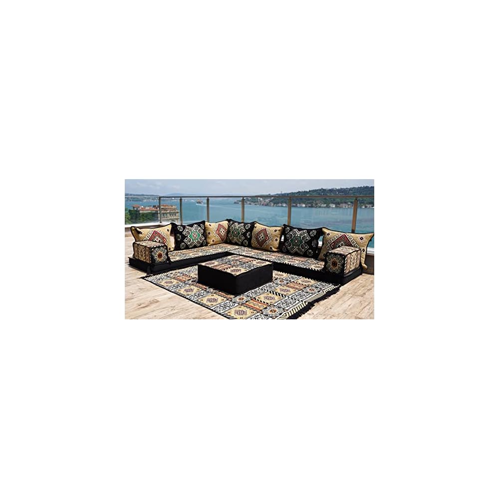 4" Thick L Shaped Floor Couch, Seating, Floor Pillow, Sectional Sofa Set, Patio Furniture, Arabic Majlis (L Sofa + Rug + Ottoman, 4'' Thickness (10 cm))