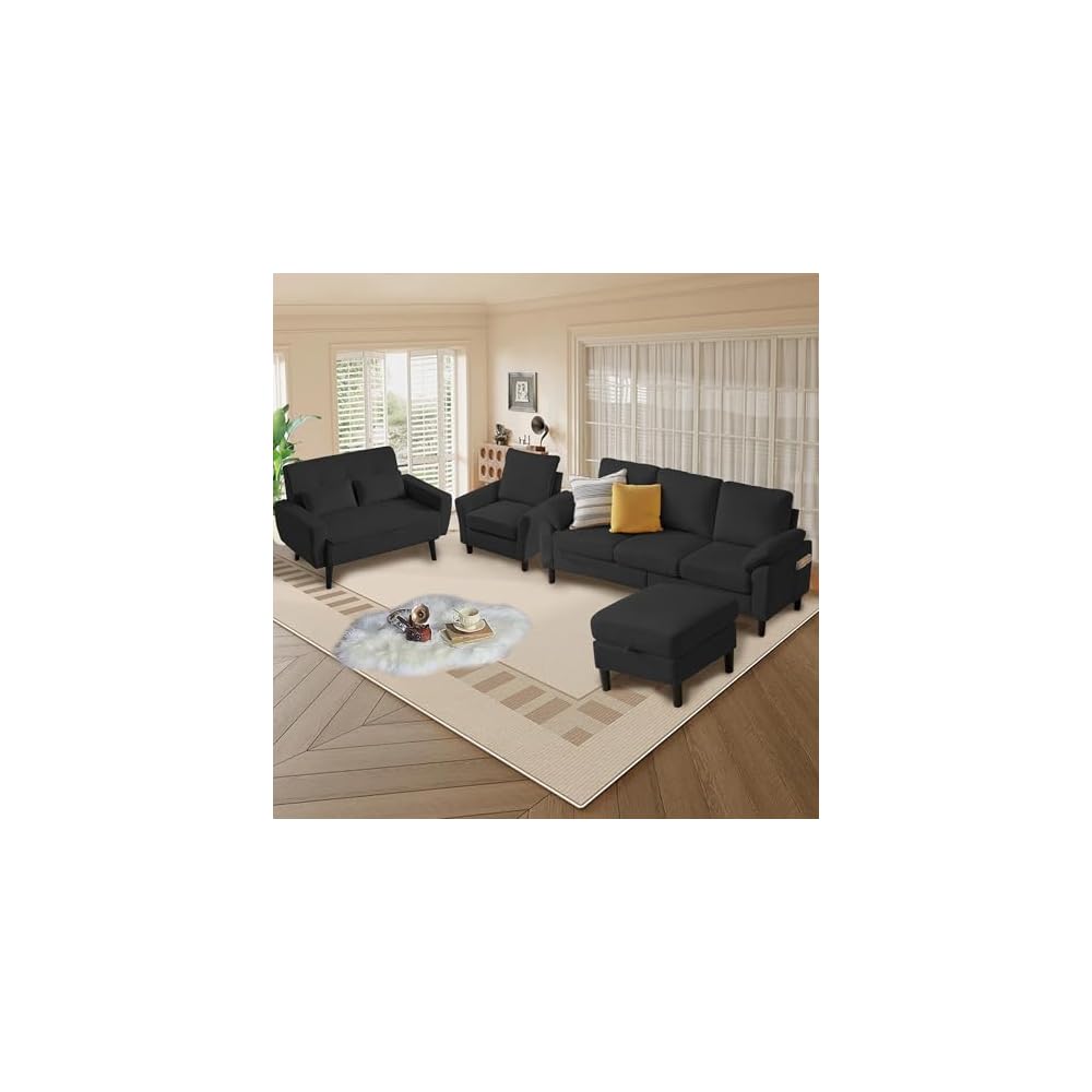 4 Piece Modern Corduroy Sofa Set, L-Shaped Sectional Couch with Storage Ottoman, Loveseat & Single Arm Chair, Side Storage Pockets, Removable Cushions for Living Room Apartment