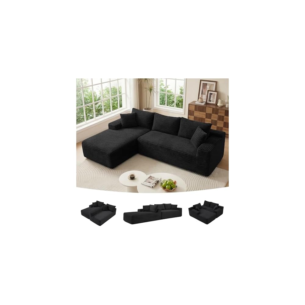 Cloud Modular Sectional Sofa, 105" Boneless Memory Foam L-Shaped Couch with Chaise, Corduroy Deep Seat Sectional for Living Room & Apartment, No Assembly Required (Black)