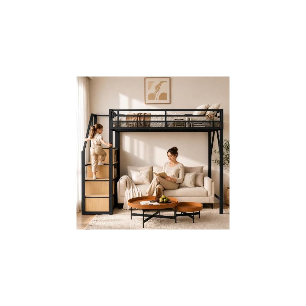 Full Size Loft Bed with Storage Stairs, Four-Sided Guardrail and Storage Shelves, Metal Loft Bed with Wardrobe for Kids, Teens and Adults, Modern Full Loftbed for Bedroom, Natural