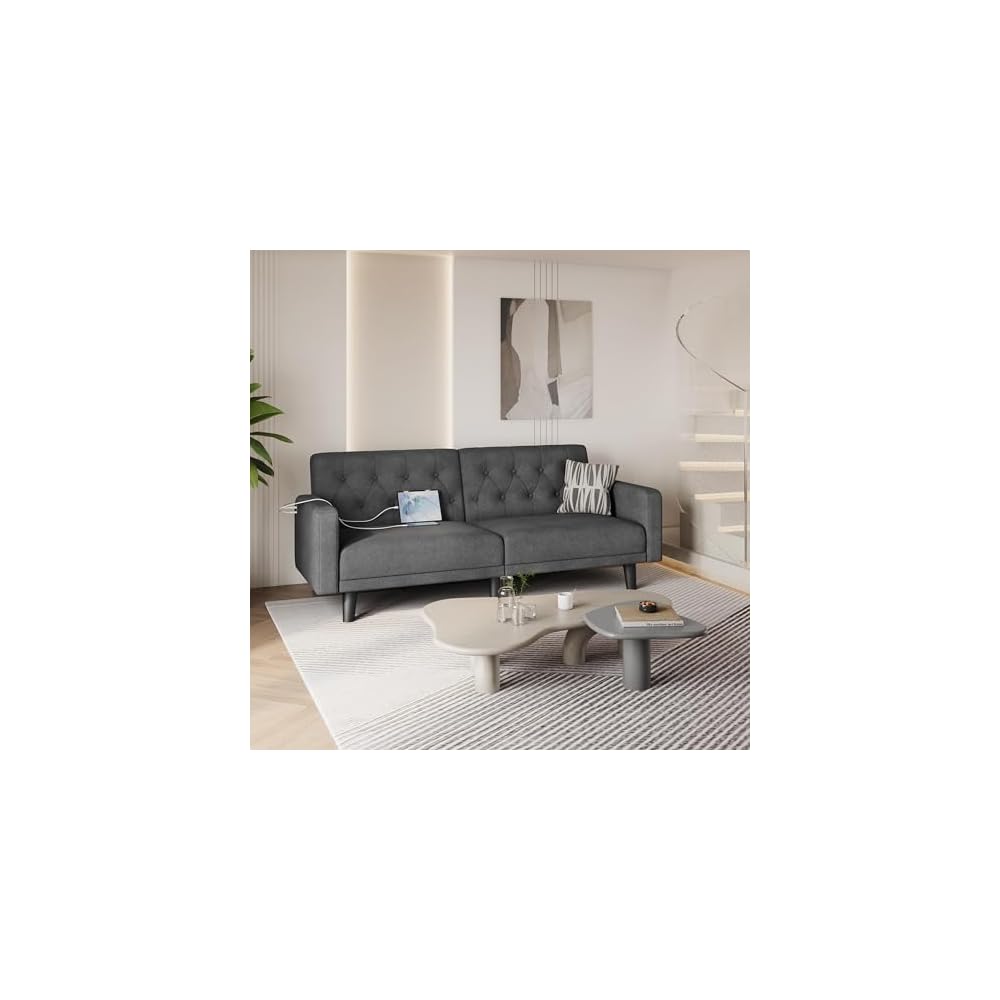 63" Small Futon Sofa Bed, Convertible Couch with USB, Dark Gray