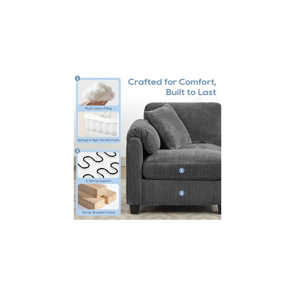 115'' Oversized Sectional Modular Sofa with Ottoman, U-Shaped Modern Sectional Couches for Living Room with 2 Throw Pillows and Deep Seat, Center Stitched Design (Grey, Loveseat)