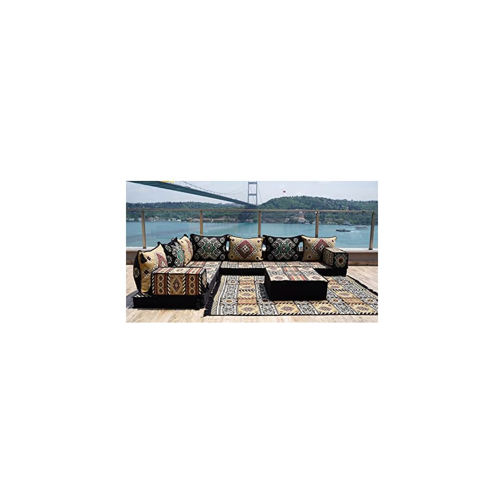 4" Thick L Shaped Floor Couch, Seating, Floor Pillow, Sectional Sofa Set, Patio Furniture, Arabic Majlis (L Sofa + Rug + Ottoman, 4'' Thickness (10 cm))