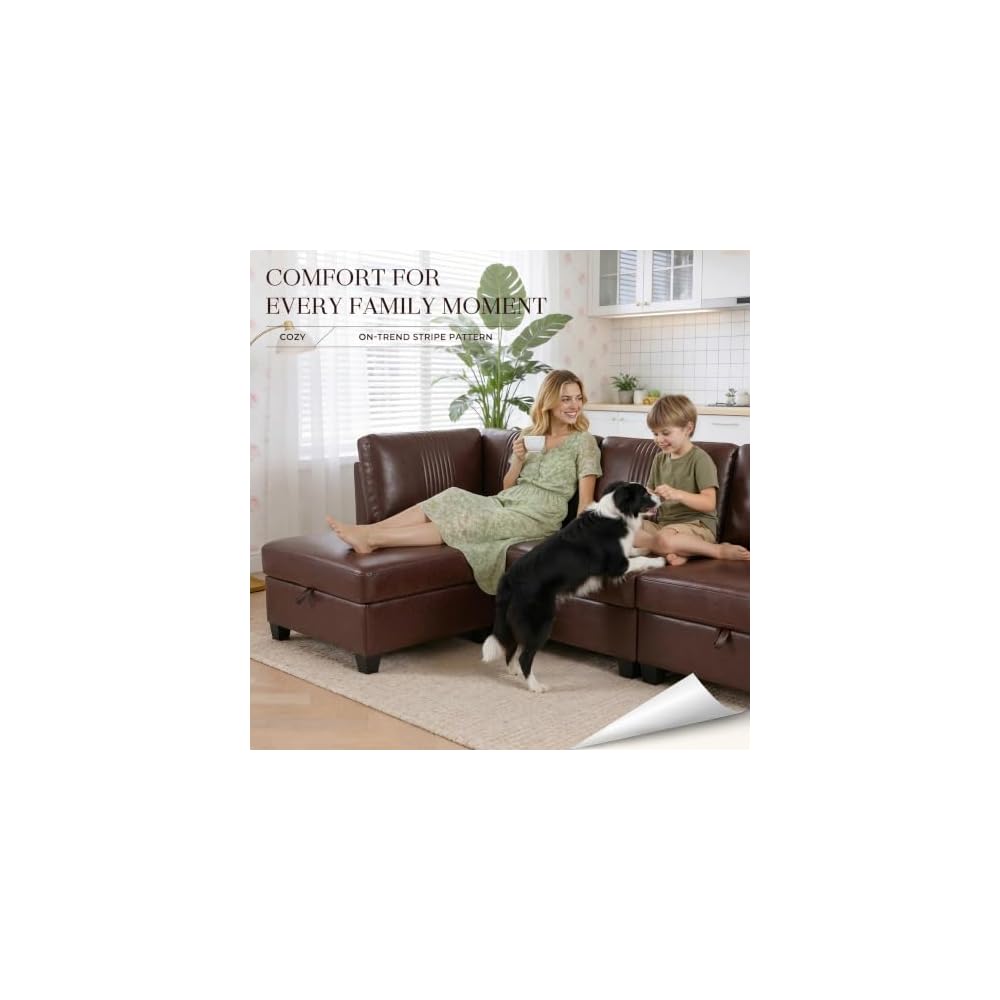 128" Faux Leather Modular Sectional Sofa with Storage, 6 Seater Waterproof & Scratch Resistant Leather Sectional Sofa, U Shaped Couch with Storage, Oversized Brown Sectional Couches for Living Room