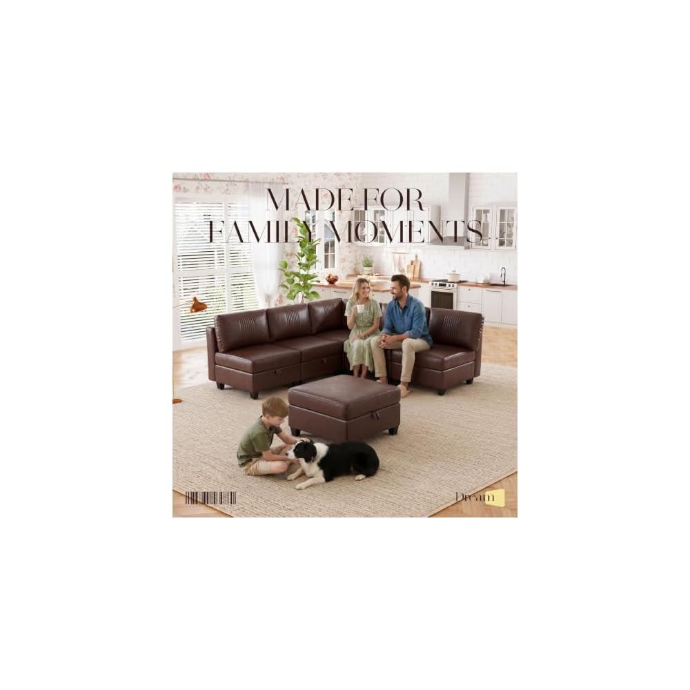 128" Faux Leather Modular Sectional Sofa with Storage, 6 Seater Waterproof & Scratch Resistant Leather Sectional Sofa, U Shaped Couch with Storage, Oversized Brown Sectional Couches for Living Room