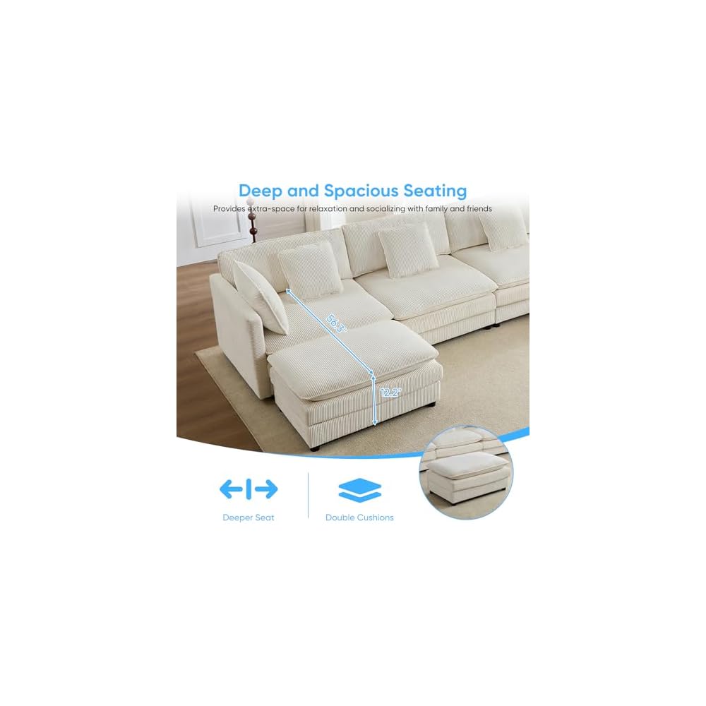 148” U Shape Sectional Couch with Movable Ottoman，Beige