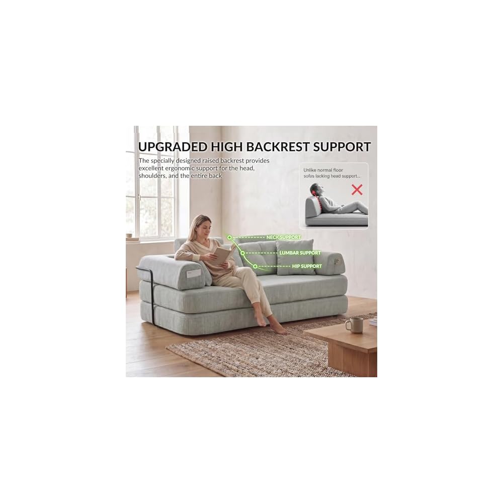 Convertible Floor Sofa Bed with High Headrest, Boneless Loveseat Sleeper Couch with 2-in-1 Blanket Pillows, Memory Foam Futon Sofa for Apartments (Grey)