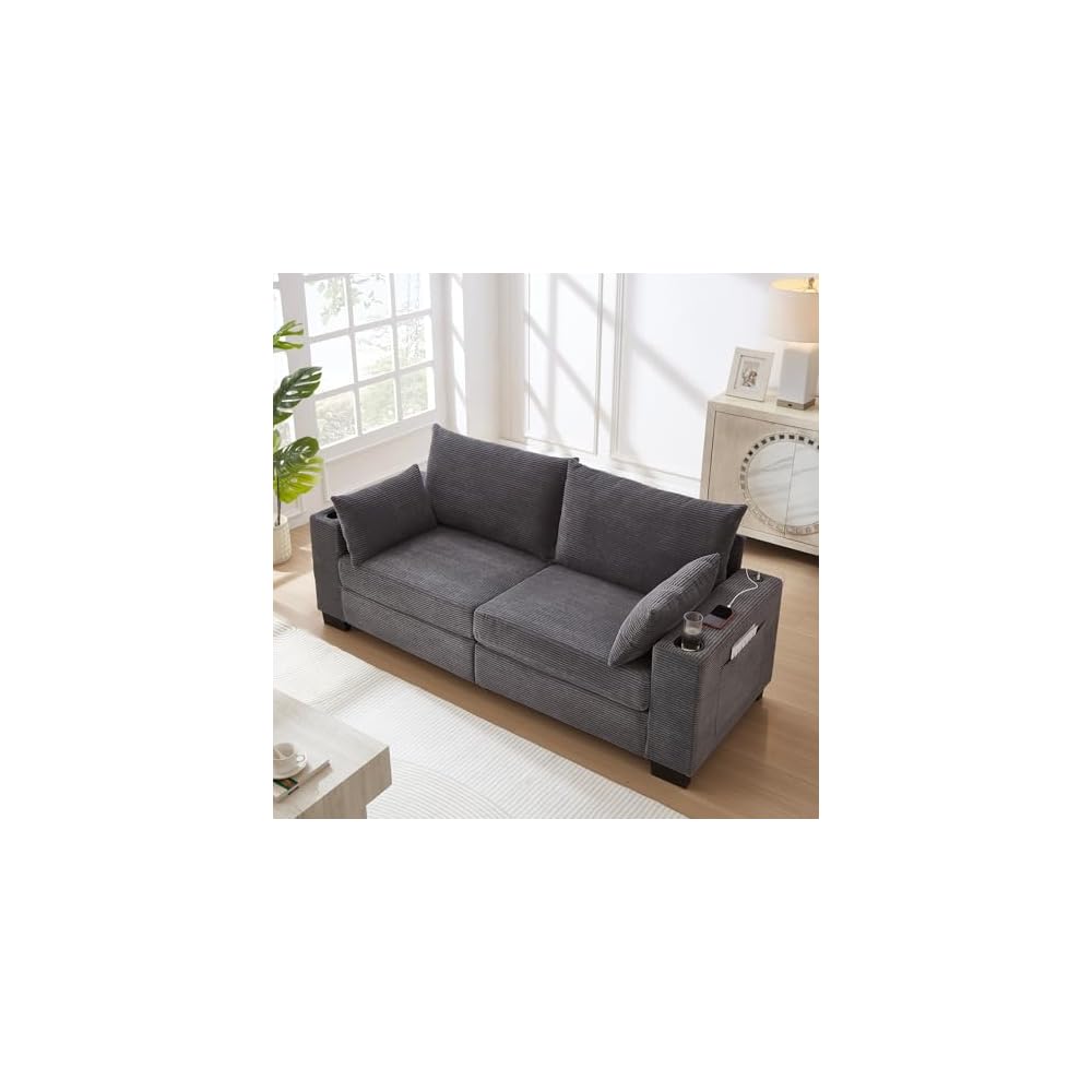78" Corduroy Sofa Couch, 3 Seater Modern Upholstered Couch with USB and Cup Holders, Deep Seat Comfy Oversized Loveseat Sofa with Storage Pockets for Living Room, Apartment, Home Office, Grey