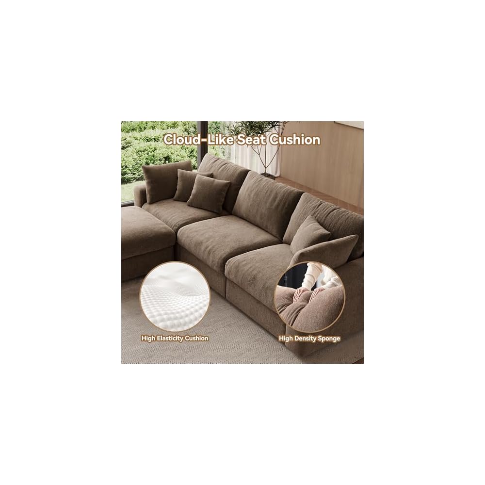 110” Cloud Sectional Couches for Living Room, Modular Sectional Sofa with Deep Seat, Convertible L-Shape Couch with Storage Ottoman for Bedroom Apartment, Chenille (Brown)