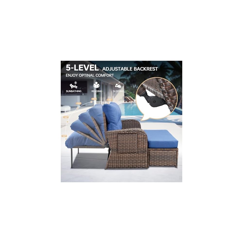 Patio Rattan Daybed, Wicker Recliner Loveseat for Two with Multifunctional Recliner and Stowable Side Tray, 5 Level Adjustable Backrest (Brown Wicker/Blue Cushion)