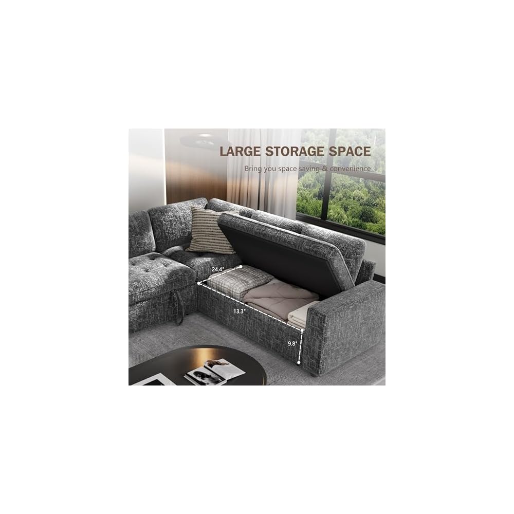 5-Seat Modular Sleeper Sofa with Pull-Out Bed & Storage, L-Shaped Chenille Sectional Couch, Reclining Backrest & USB Charging for Small Space Living Room, Dark Grey