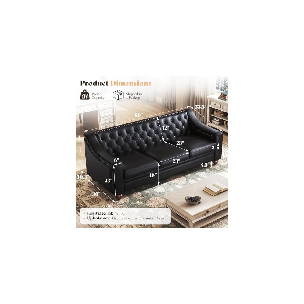 80" Leather Couch, Modern Genuine Leather Sofa, Chesterfield Sofa