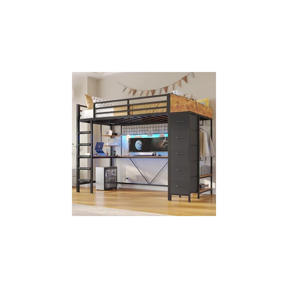 Loft Bed Twin Size with Hall Tree, Charging Station and LED Lights, Metal Loft Bed with L-Shaped Desk, 5 Storage Drawers, Heavy Duty Twin Size Bed with Stairs, No Box Spring Needed, Black