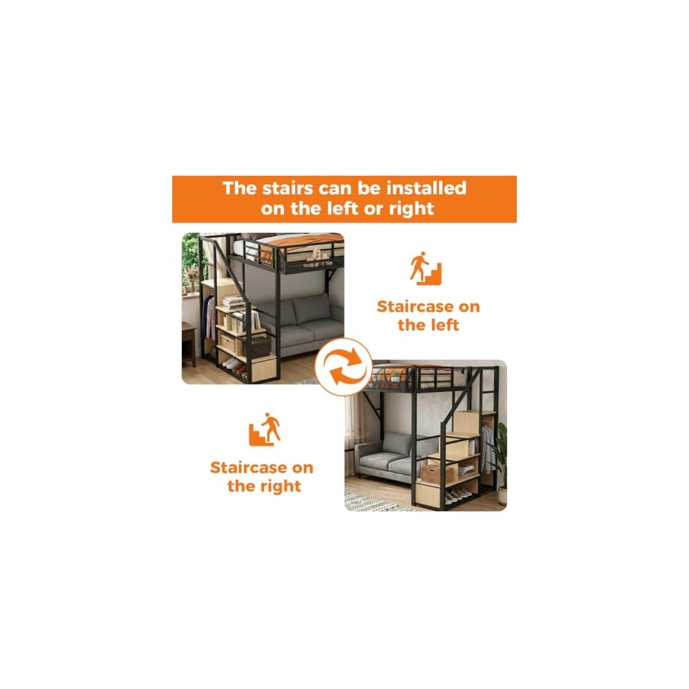 Full Size Loft Bed with Storage Stairs, Four-Sided Guardrail and Storage Shelves, Metal Loft Bed with Wardrobe for Kids, Teens and Adults, Modern Full Loftbed for Bedroom, Natural