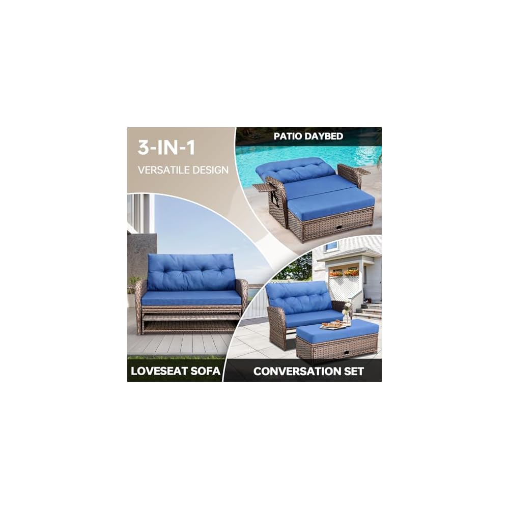 Patio Rattan Daybed, Wicker Recliner Loveseat for Two with Multifunctional Recliner and Stowable Side Tray, 5 Level Adjustable Backrest (Brown Wicker/Blue Cushion)