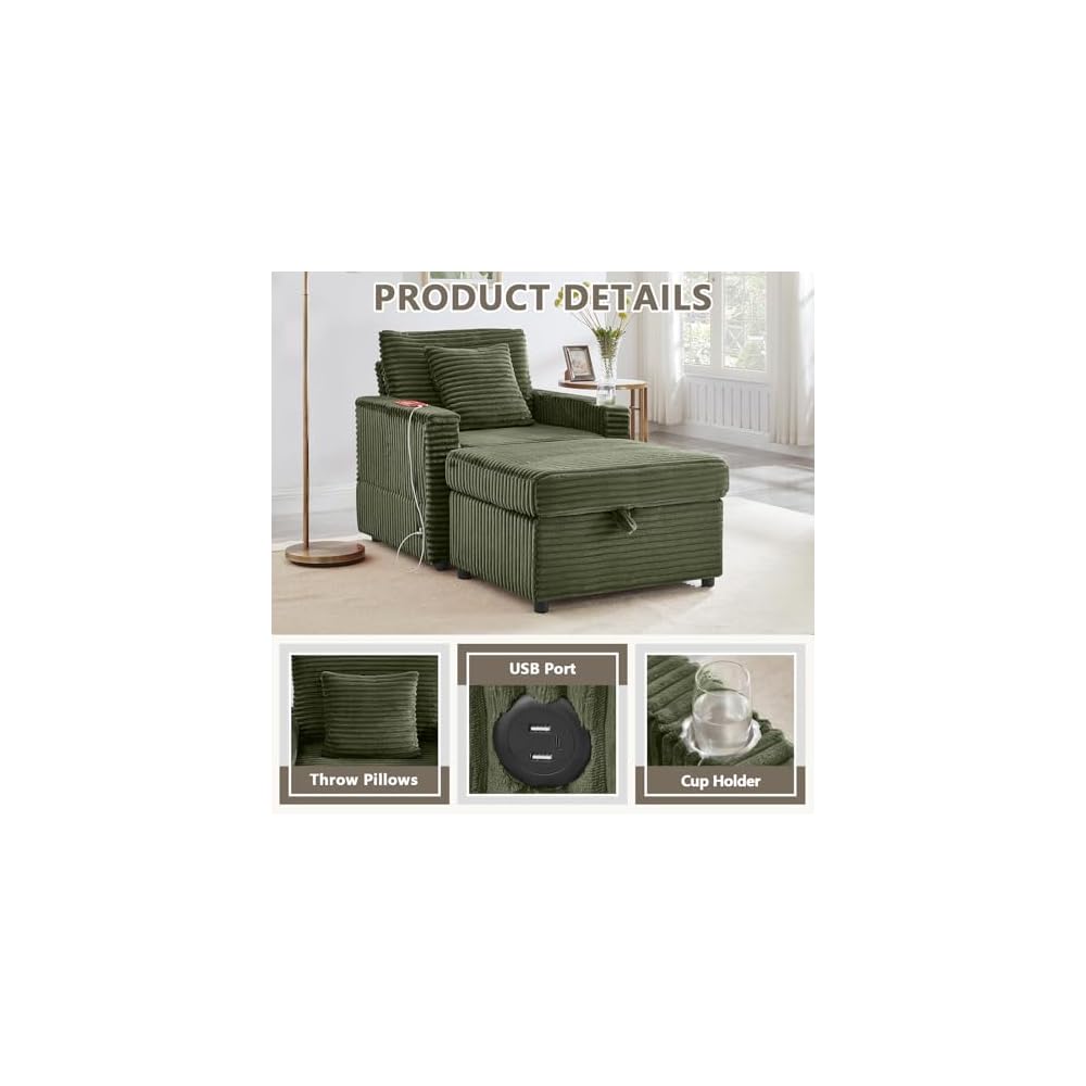 Chaise Lounge Chair Indoor with Ottoman, Corduroy Sofa Bed with USB Ports, Pillow, Cup Holder &Table Board, Boneless Chaise Lounge for Storage Space Living Room Bedroom Apartment (Green)