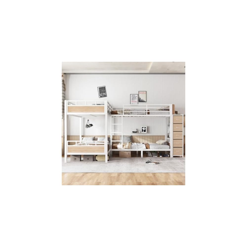 Metal Quad Bunk Bed with Drawers & Wardrobe for 4, L-Shaped Twin Size Quad Bunk Bed Frame,Heavy Duty Bunk Beds for Kids Teens Adults,White