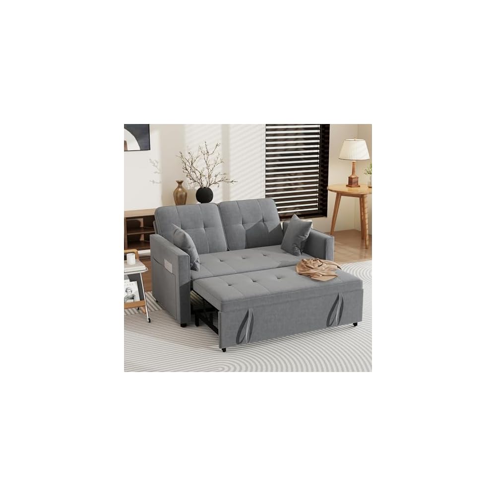 Pull Out Sofa Bed: 56" Gray 3 in 1 Convertible Sleeper Sofa Bed