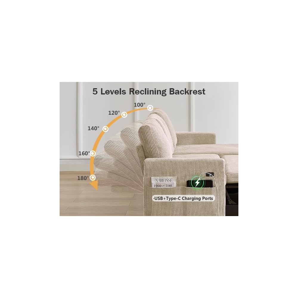 82" L Shaped Sectional Sleeper Sofa Bed with Pull Out Bed, Pull Out Couch Bed with Reclining Backrest, Reversible Storage Chaise, USB Ports, Tool-Free Assembly, Corduroy Beige