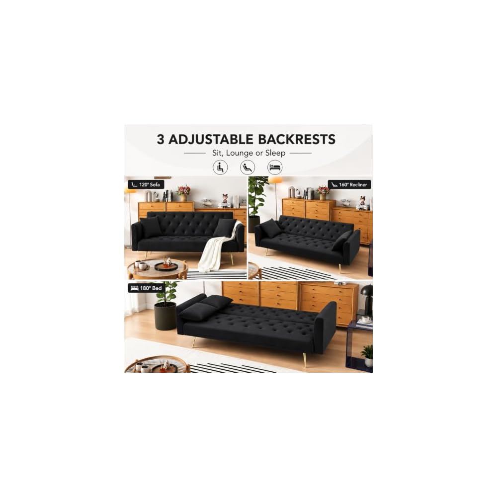 72''Modern Velvet Sofa Bed Futon,Convertible Folding Sleeper Couches with 3 Adjustable Backrests,Tufted Recliner Loveseat with Golden Chrome Legs for Living Room Apartment Office (Black)