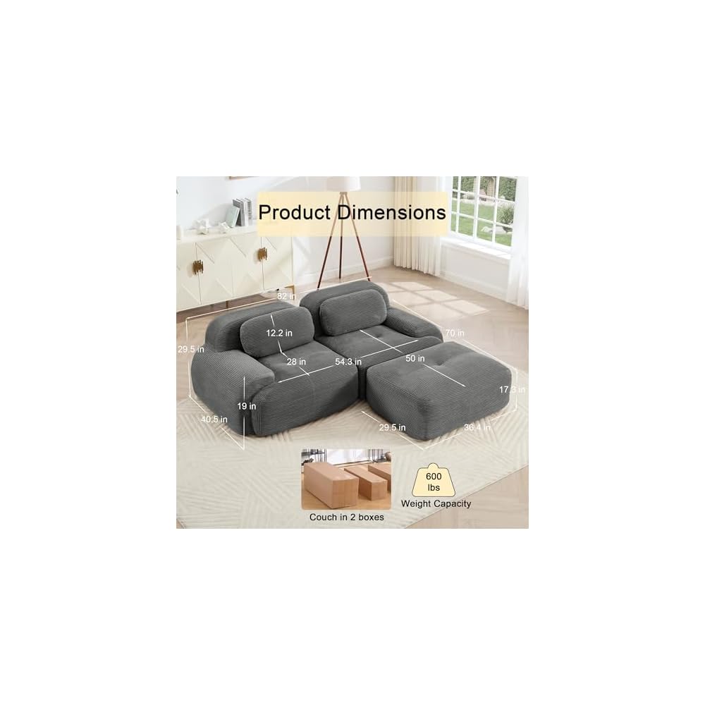 82" Foam Compressed Cloud Sofa,28" Feep Seat Pet-Friendly Corduroy Oversize Sectional Couch with Movable Ottoman, 2 Seater Modular Cloud Couch for Living Rooms, Apartments, Leisure Rooms,Grey