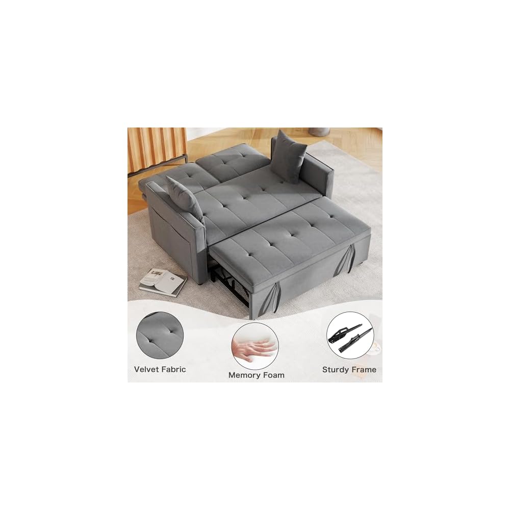 Pull Out Sofa Bed: 56" Gray 3 in 1 Convertible Sleeper Sofa Bed