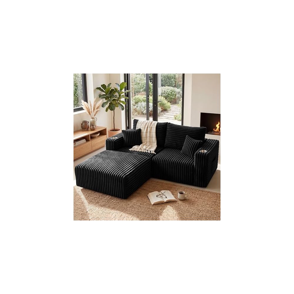67'' L-Shaped Cloud Modular Sectional Sofa, Modern Corduroy Memory Foam Couch with Cup Holders, Upholstered Boneless Deep Seat Fluffy Loveseat with Ottoman, No Assembly Needed, for Home, Black