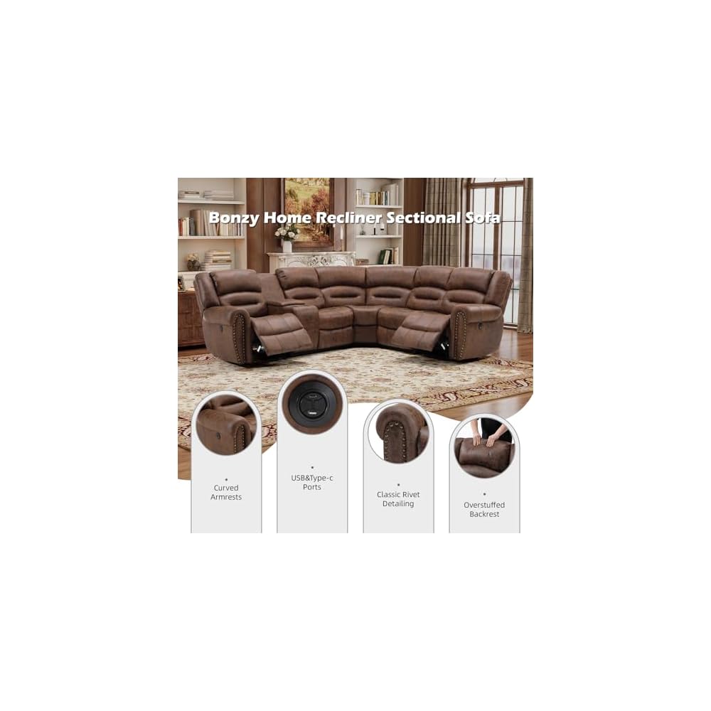 Power Reclining Sectional Sofa, 5 Seater L-Shaped Home Theater Seating with Storage Console and USB&Type-C Ports, Family-Sized Corner Sectional Couch for Living Room, Nut Brown