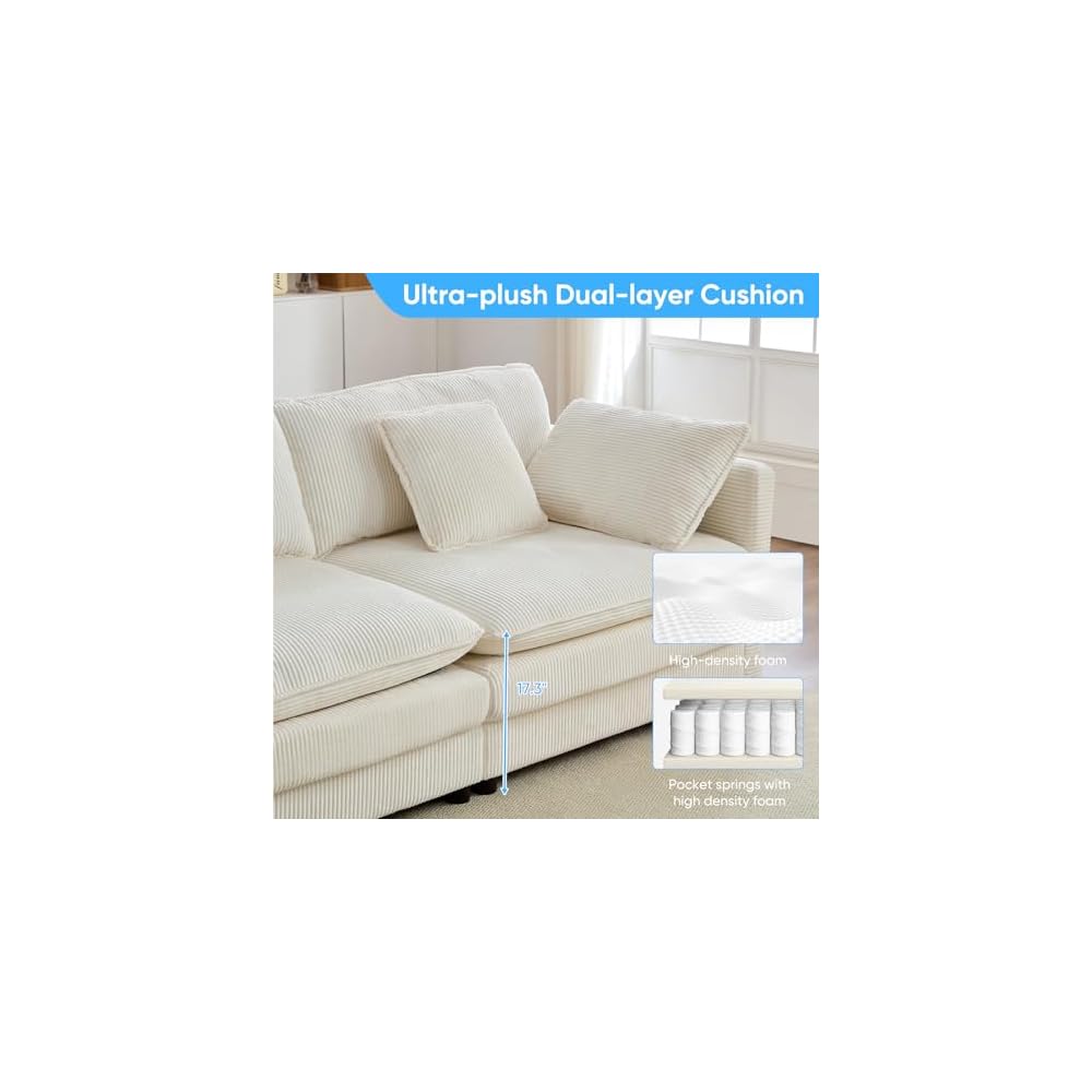 148” U Shape Sectional Couch with Movable Ottoman，Beige