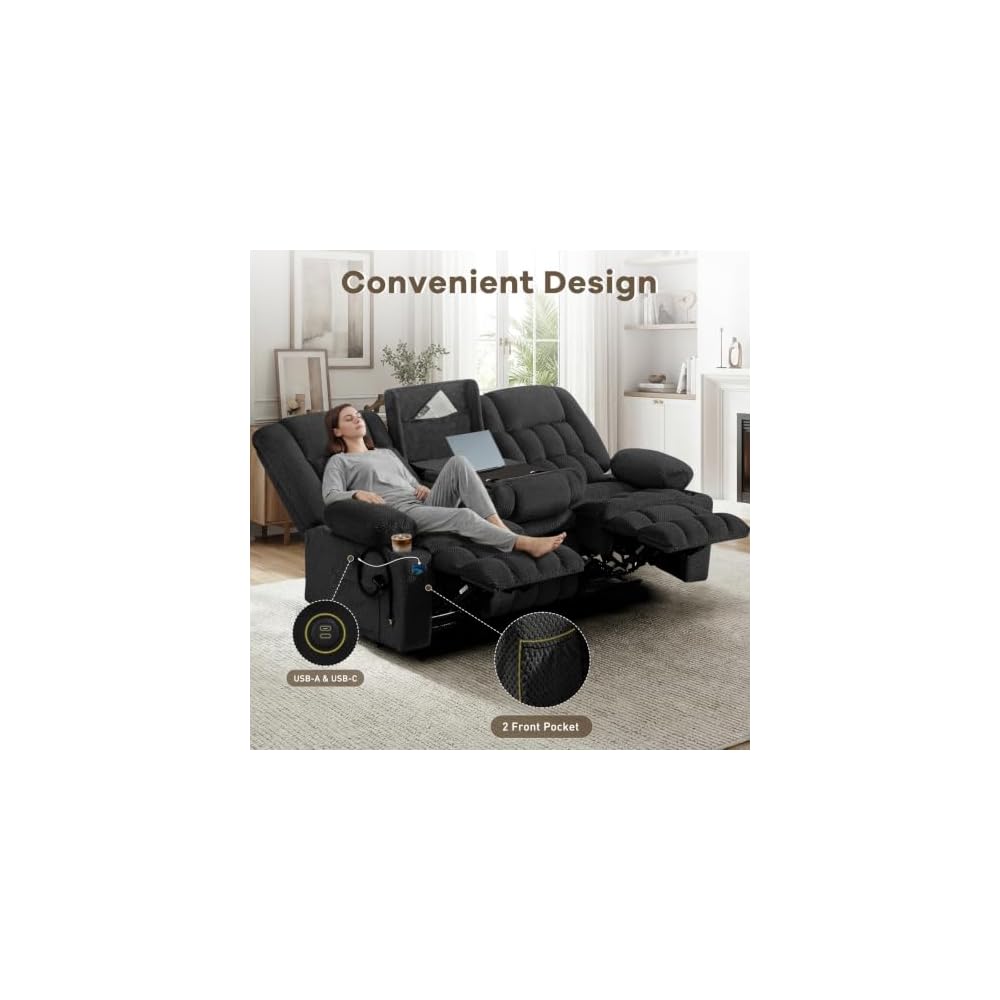 3 Seat Reclining Sofa, Manual Recliner Sofa Couch with Drop-Down Table, Phone Holders & Storage Drawer, Recliner Couch with Plush Double-Layer Cushion for Living Room, Bedroom & Office (Grey)