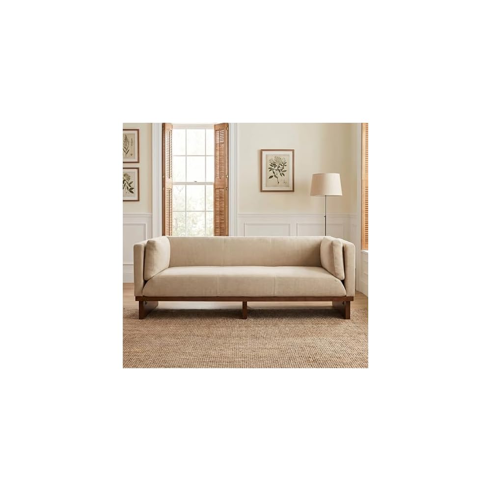 87" Recessed Modern Sofa Couch, 3 Seater Deep Seat Upholstered Polyester Fabric Sofa with Straight Back, Arms & Solid Wood Frame, Accent Sofa for Living Room Bedroom, Almond