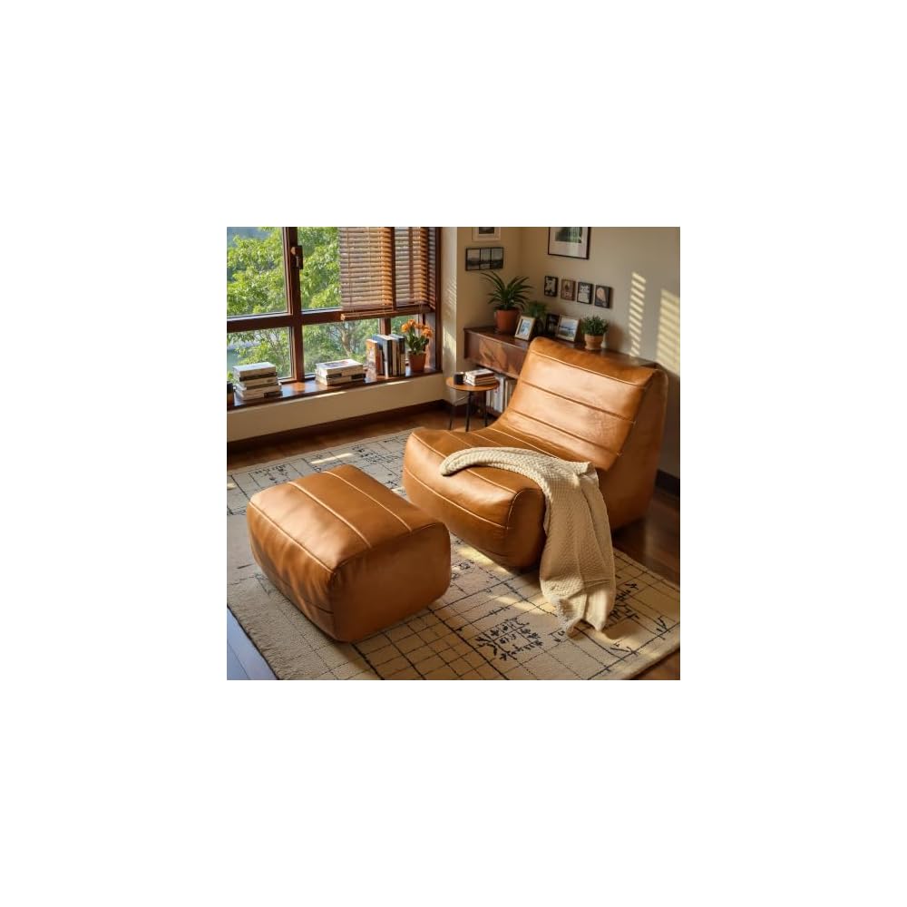 Lazy Sofa with Ottoman - Accent Chair Upholstered with Footrest Set, Faux Leather Fabric Modern Chaise Lounge, Cozy Reclining Chair for Reading Room, Living Room, Brown