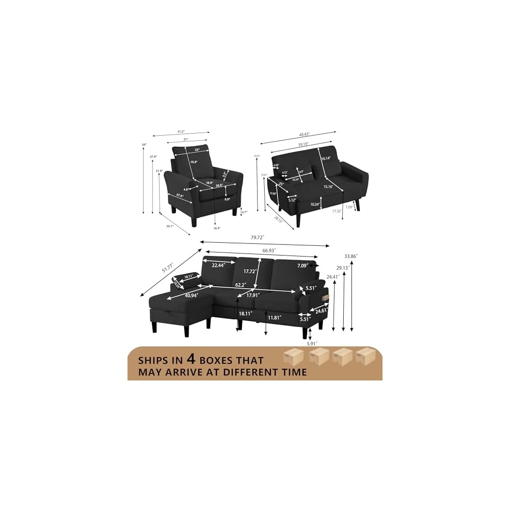 4 Piece Modern Corduroy Sofa Set, L-Shaped Sectional Couch with Storage Ottoman, Loveseat & Single Arm Chair, Side Storage Pockets, Removable Cushions for Living Room Apartment
