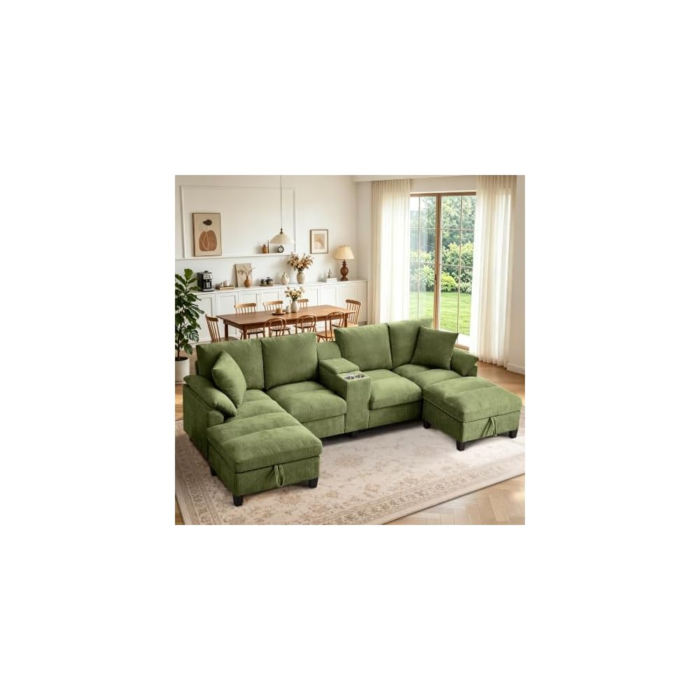 116" U Shaped Couch with with Double Chaise Lounges & Storage Console, Sectional Sofa Set with Storage Ottoman | USB Charging Ports, 4-Seat Couch with Cup Holder, Modern Couches for Living Room, Green