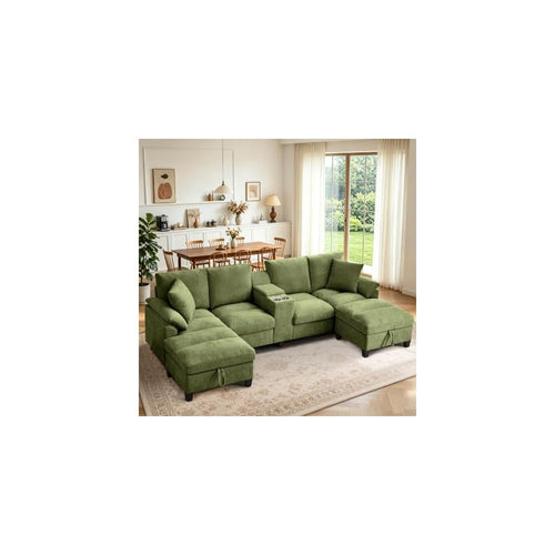 116" U Shaped Couch with with Double Chaise Lounges & Storage Console, Sectional Sofa Set with Storage Ottoman | USB Charging Ports, 4-Seat Couch with Cup Holder, Modern Couches for Living Room, Green