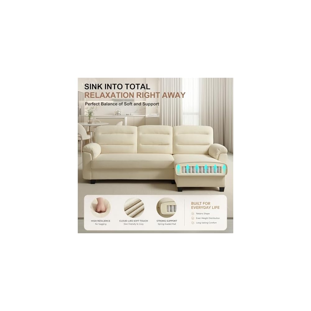 88” L-Shaped Sofa for Living Room, 3-Seater with Chaise, White