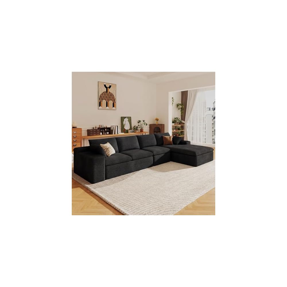 136" Cloud Sectional Couch with L-Shape Chaise, Modern Corduroy Viral Boneless Sofa for Living Room,Memory Foam Couches in a Box with Deep Seat,No Assembly Required (Black,Right-Facing Chaise)