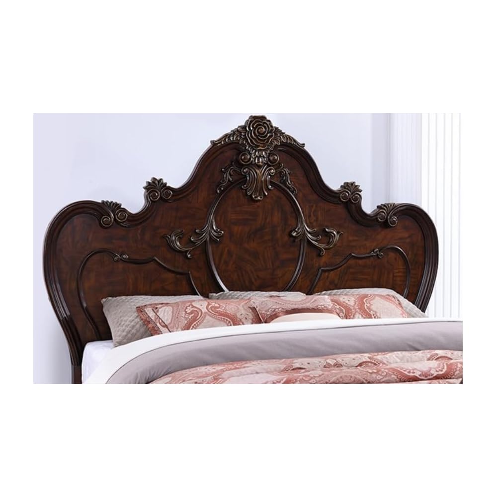 Traditional Queen Platform Bed, Dark Cherry Carved Wood Frame