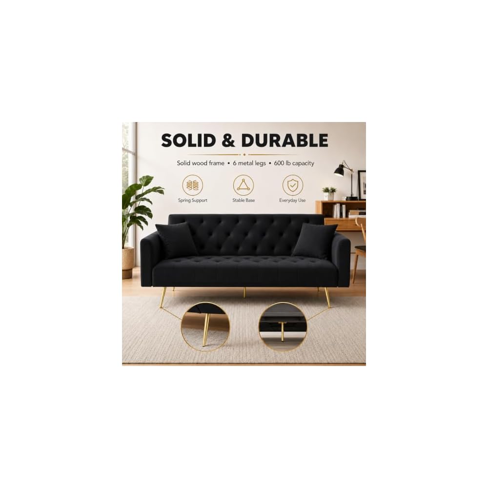 72''Modern Velvet Sofa Bed Futon,Convertible Folding Sleeper Couches with 3 Adjustable Backrests,Tufted Recliner Loveseat with Golden Chrome Legs for Living Room Apartment Office (Black)