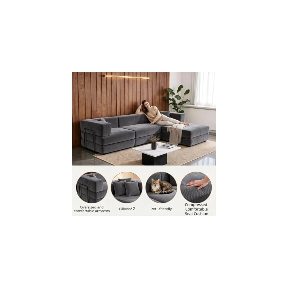 L Shaped Modular Sofa Bed, Modular Sectional Sofa with 8 Movable Cushions