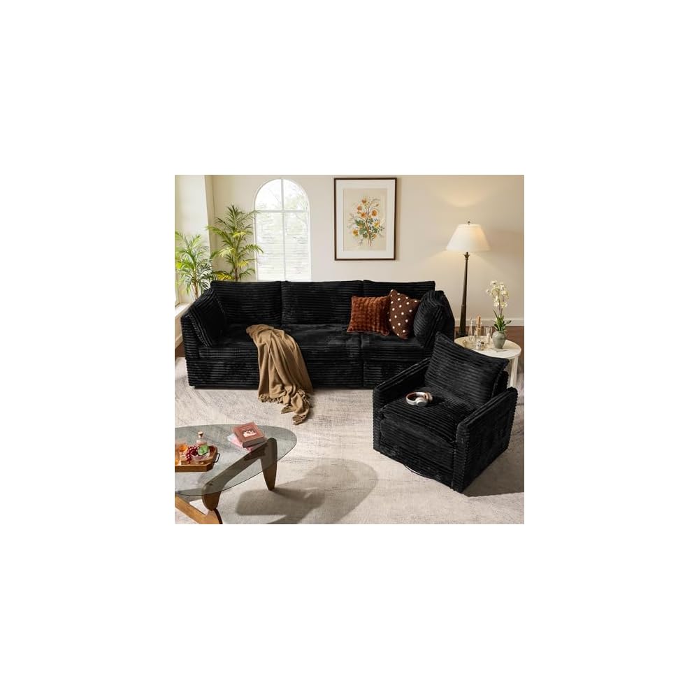 Sectional Cloud Couch Sofa with Swivel Chair, Comfy Deep Seat Modular Convertible Couches, Modern Plush Corduroy Sofas Set for Living Room, 4-Seater, Black