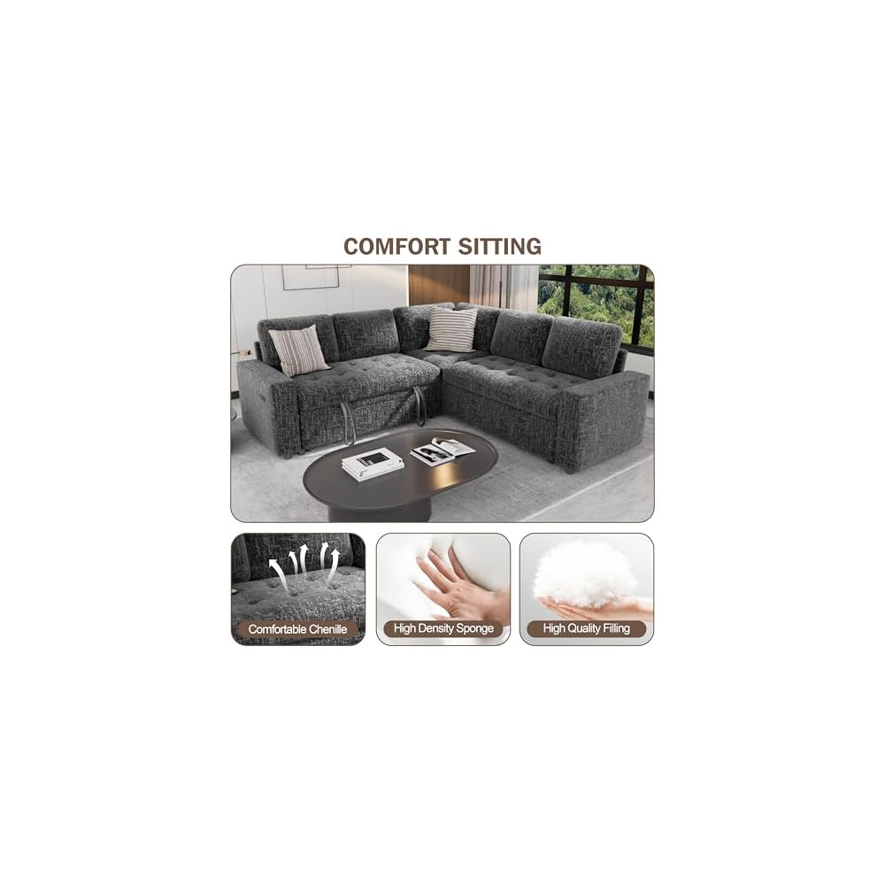5-Seat Modular Sleeper Sofa with Pull-Out Bed & Storage, L-Shaped Chenille Sectional Couch, Reclining Backrest & USB Charging for Small Space Living Room, Dark Grey