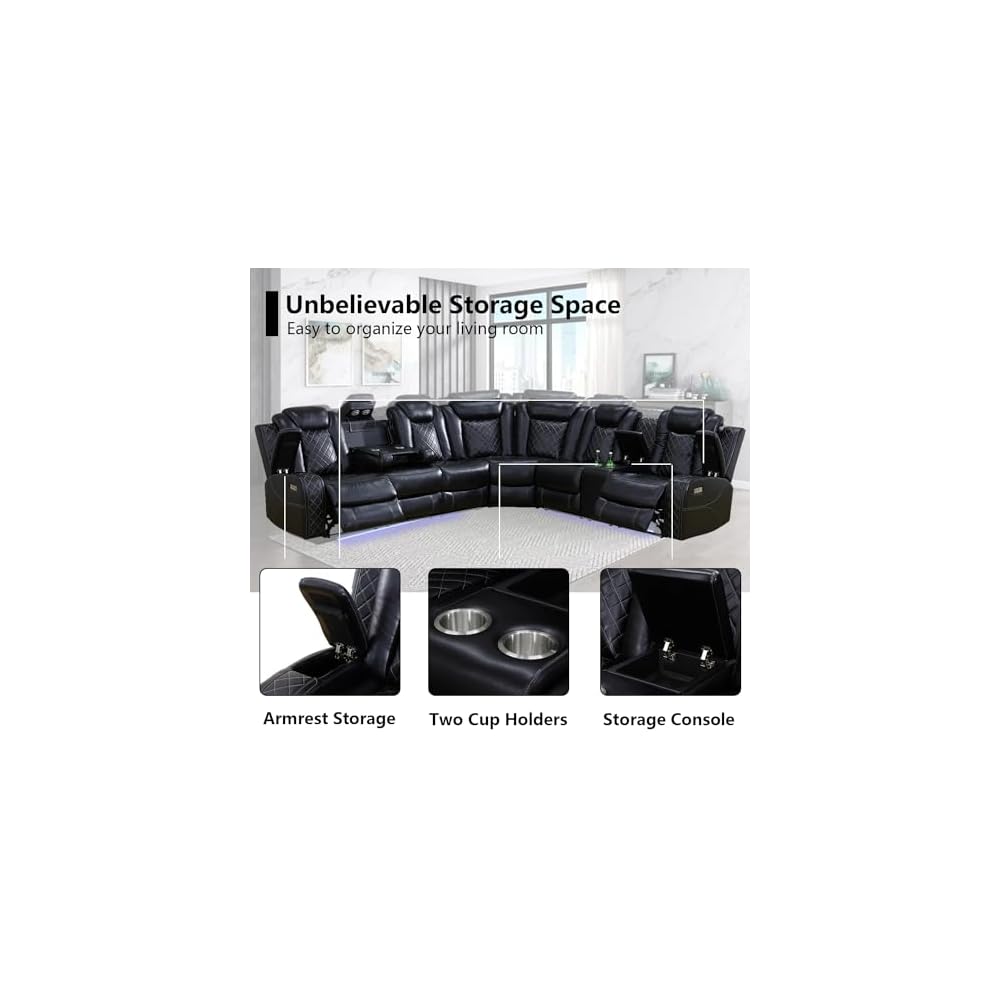 Black Leather Power Reclining Sectional Sofa,Sectional Couch with Recliner,L Shaped Recliner Sofa with LED Light/Read Lamp/Storage Console/USB Port for Living Room/Home Theater/Apartment