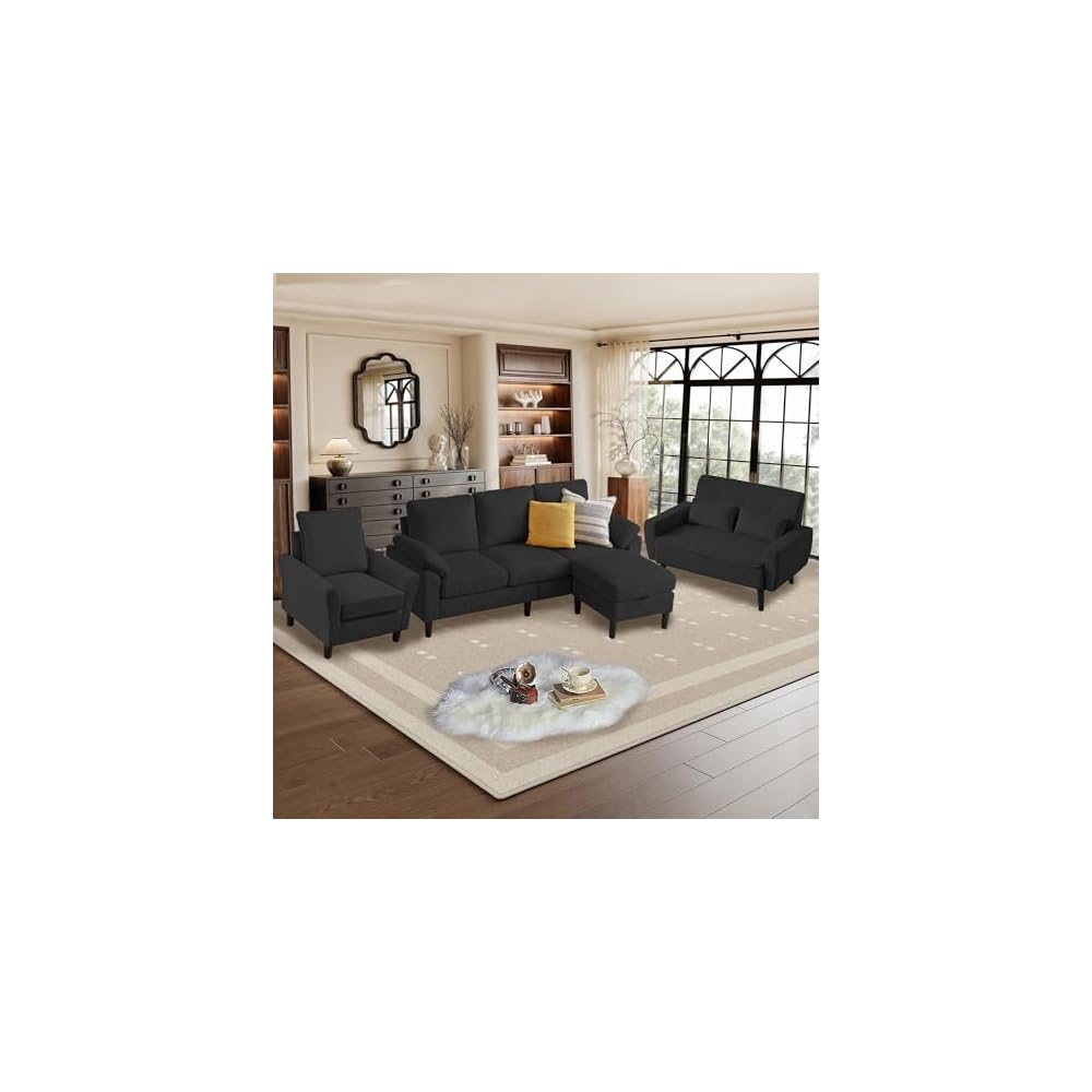 4 Piece Modern Corduroy Sofa Set, L-Shaped Sectional Couch with Storage Ottoman, Loveseat & Single Arm Chair, Side Storage Pockets, Removable Cushions for Living Room Apartment