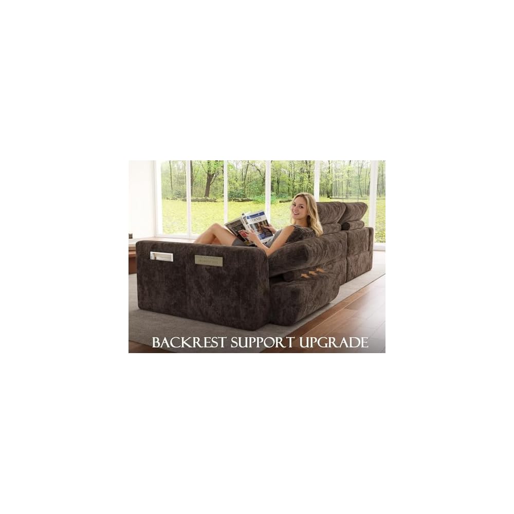 119" Cloud Couch Sectional for Living Room, Oversized Boneless Couches with Ottoman, Convertible L-Shaped 3 Seater Modular Sofa, Modern Sectional Sofa with Adjustable Backrest, Brown